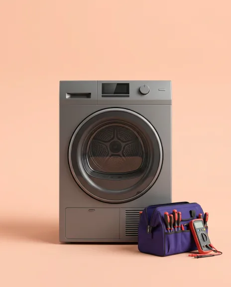 Top-load washing machine with a technician tool bag beside it