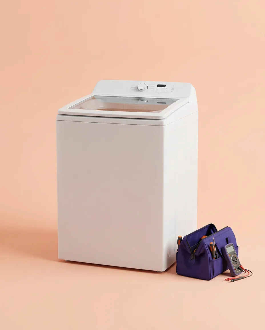 Front-load clothes dryer with a technician tool bag beside it