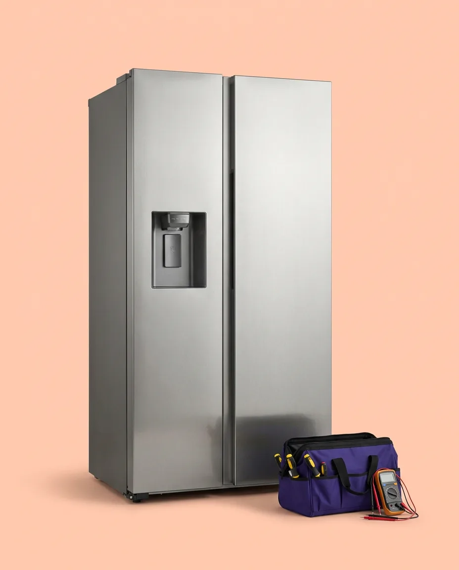 Stainless steel side-by-side fridge with a technician tool bag beside it