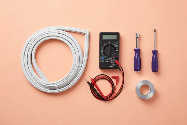 Technician tools and a new fridge door gasket on a peach background