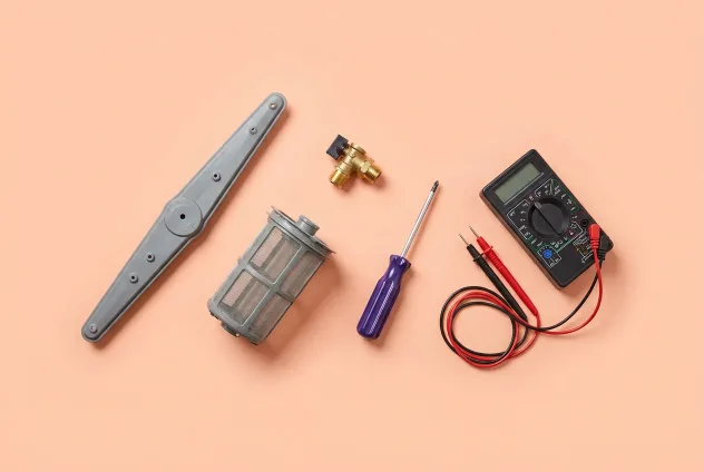 Dishwasher repair parts and tools on a peach background