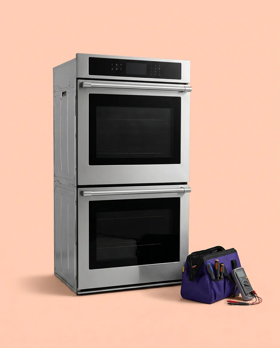 Built-in wall oven with a technician tool bag beside it